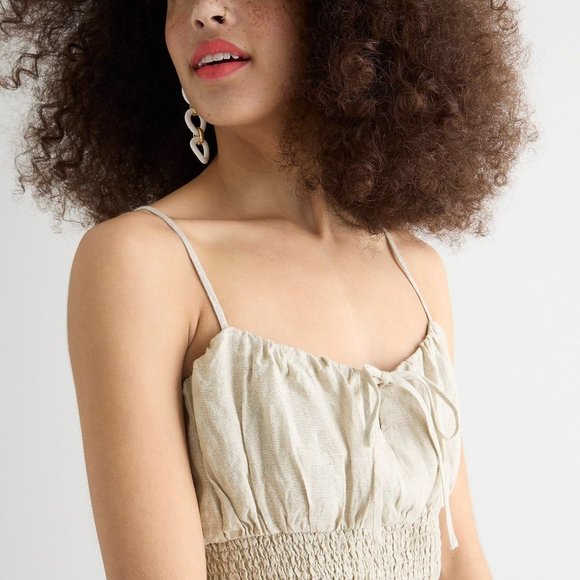 J CREW Smocked Linen Dress Flax Cotton 14 #BI587 NEW - Picture 3 of 11